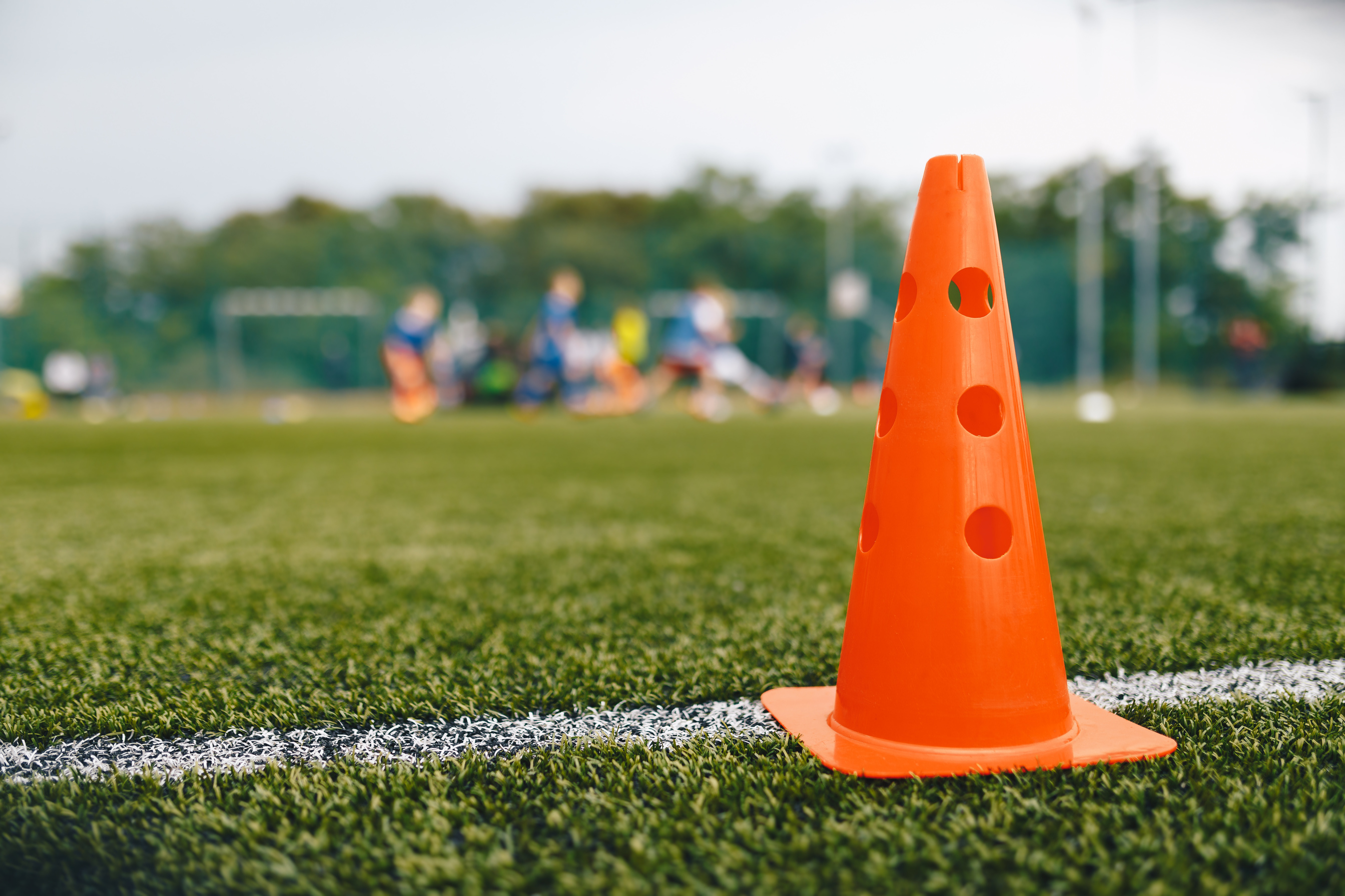 Plastic Training Cone on Football Pitch. Soccer Training Equipme